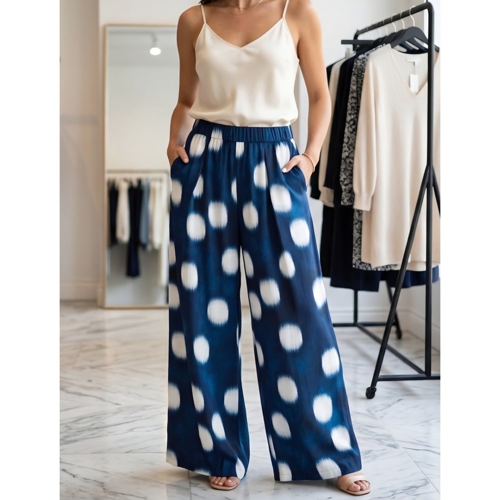 Chicos Black Label Printed Wide Leg Pants Blue Polka Dot Ikat Size 0 Regular NEW